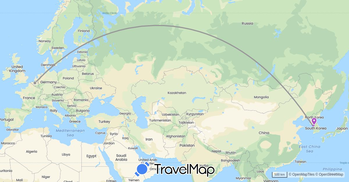 TravelMap itinerary: plane, train in Belgium, Finland, South Korea (Asia, Europe)
